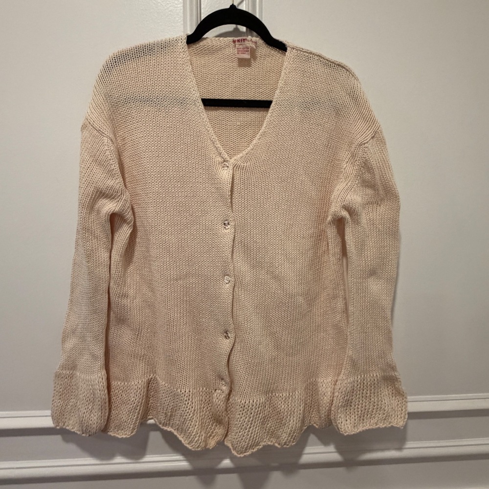 Kikit Tricot Vintage Cotton Cardigan Sweater Cream Ruffle Hem Bell Sleeve Large